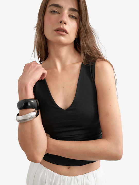 Γυναικείο Crop Top Βαμβακερό Αμάνικο με V Λαιμόκοψη Μαύρο