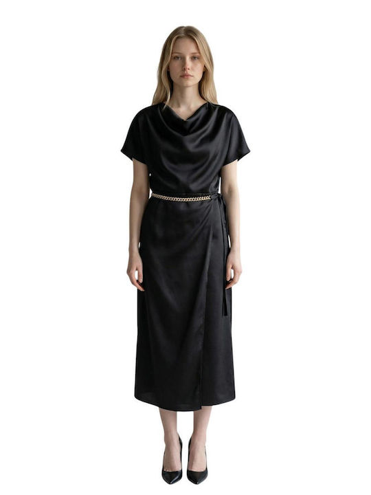 Forel Summer Midi Evening Satin Drape Dress Black
