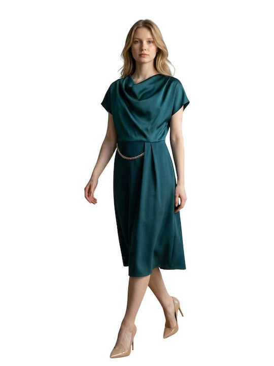 Summer Midi Evening Satin Drape Dress with Tearing Green