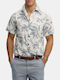 'vintage Loom' Short Sleeve Linen Shirt in Regular Fit Floral Blue