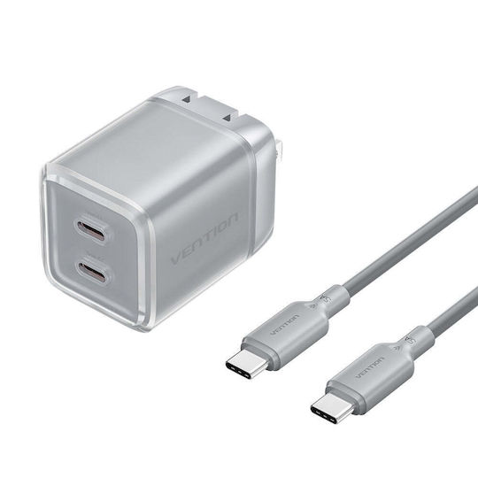 Vention GaN Charger With 2 USB-C Ports And USB-C - USB-C Cable 30W Power Delivery Gray
