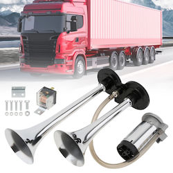 Bitonal Horn 2 Trumpets Super Powerful 178db 12v Power Supply Included Electric Compressor Chrome Black Color