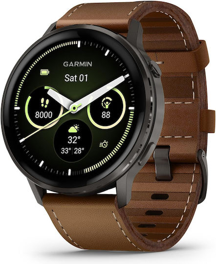 Garmin Venu 4 Stainless Steel 45mm Αδιάβροχο Smartwatch με Παλμογράφο (Slate with Brown Leather Band)