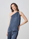 Women's Satin One Shoulder Blouse Blue