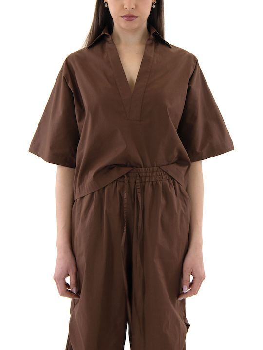 Zoya Women's Cotton Short Sleeve Blouse with V-Neck Brown