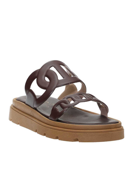 Δερμάτινα Γυναικεία Σανδάλια Flatforms Καφέ