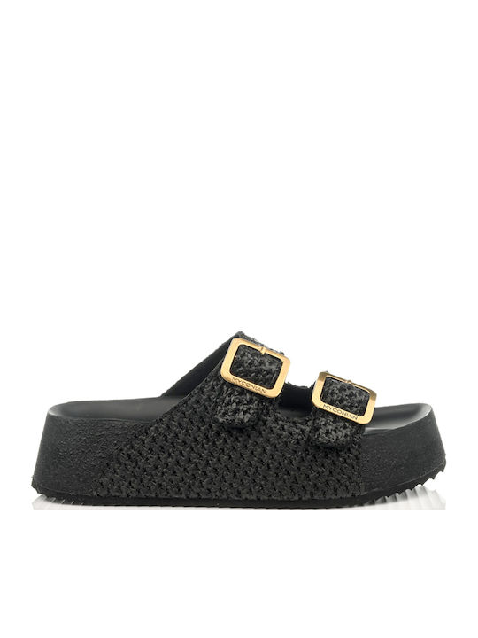 Myconian Δερμάτινα Γυναικεία Σανδάλια Flatforms Μαύρα