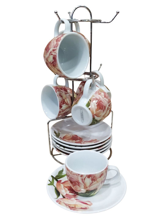 Set 6 Porcelain Tea Coffee Cups Peony Chrome Base R10057-n27