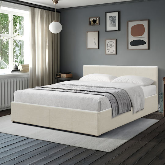 Dellia Double Upholstered Bed with Beige Fabric with Storage Space & Slats for Mattress 150x200cm Dellia Double Upholstered Bed with Beige Fabric with Storage Space & Slats for Mattress 150x200cm