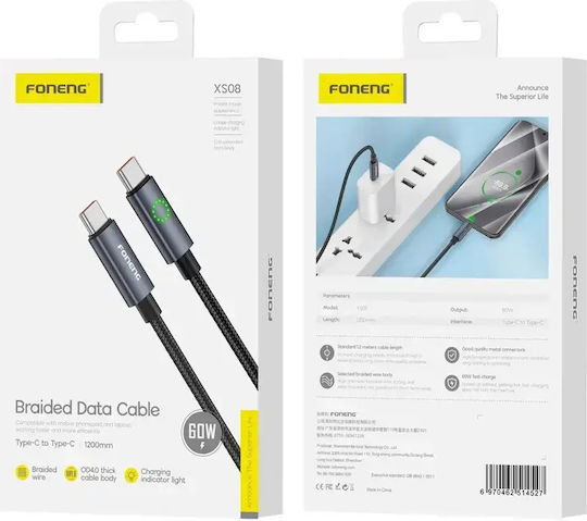Foneng USB 2.0 Kabel USB-C männlich - USB-C 60W PD Schwarzes 1,2m