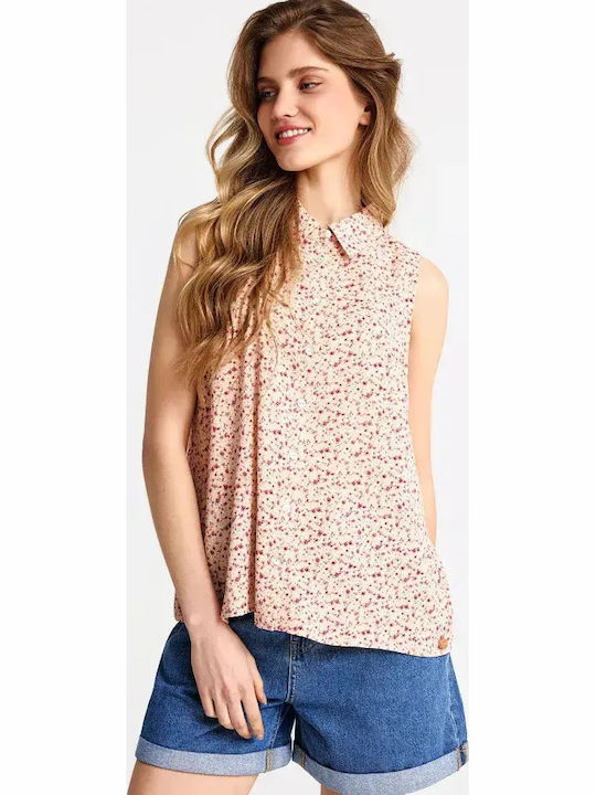 Sleeveless Women's Denim Shirt Orange Floral