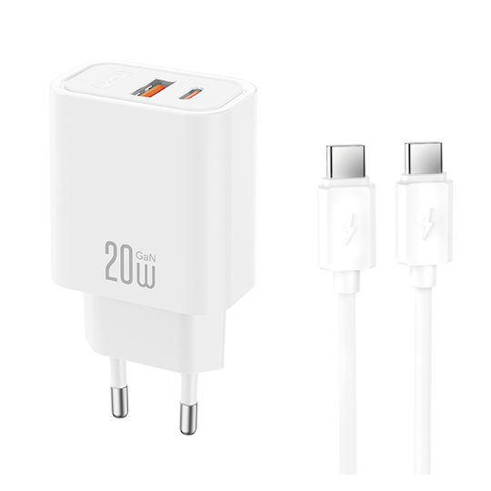XO Зарядно Устройство GaN с USB-A Порт и USB-C Порт и Кабел USB-C - USB-C 20W Quick Charge 2.0 / Quick Charge 3.0 / Quick Charge 4.0 Бял (CE40)