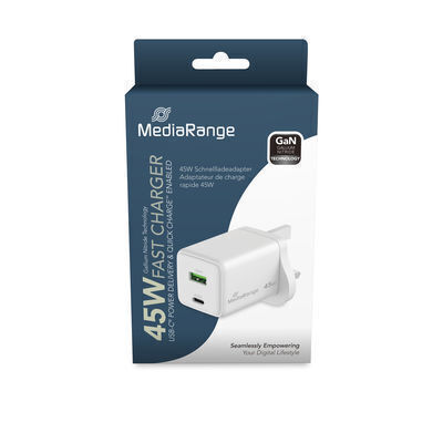 MediaRange Wireless Charger GaN With USB-A Output Port And USB-C Output Port 45W Power Delivery Quick Charge 3.0 White (MRMA113-UK)