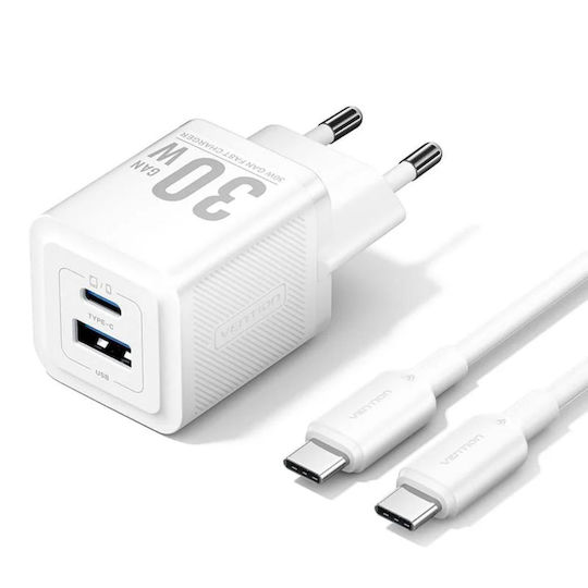 Vention Φορτιστής GaN με Θύρα USB-A και Θύρα USB-C και Καλώδιο USB-C - USB-C 70W Λευκός (FCGW0-EU)