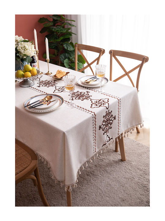 FRIPIA Linen Tablecloth With Brown Embroidery 140x250cm