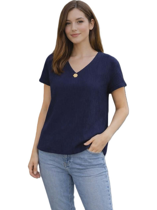 Women's Short Sleeve Blouse with V-Neckline Blue