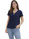 Women's Short Sleeve Blouse with V-Neckline Blue