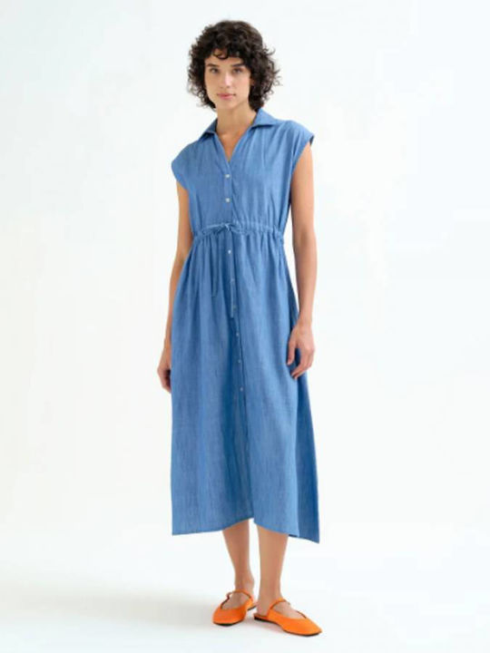 Summer Midi Shirt Dress Denim Blue