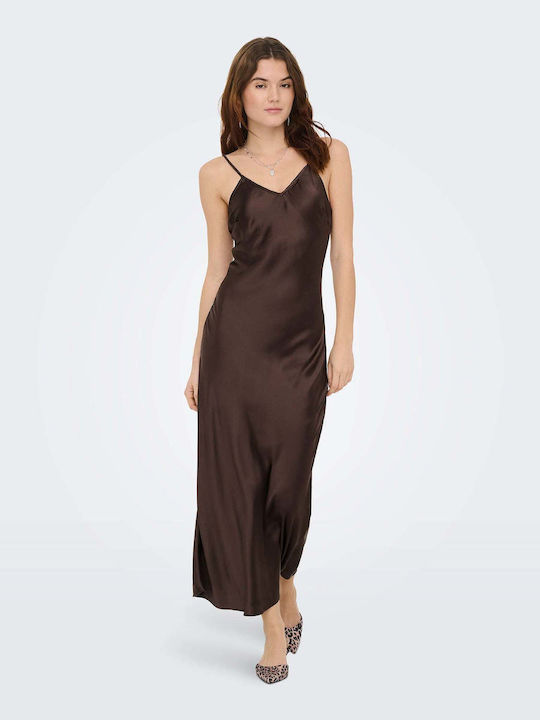 Summer Maxi Evening Slip Dress Satin Brown