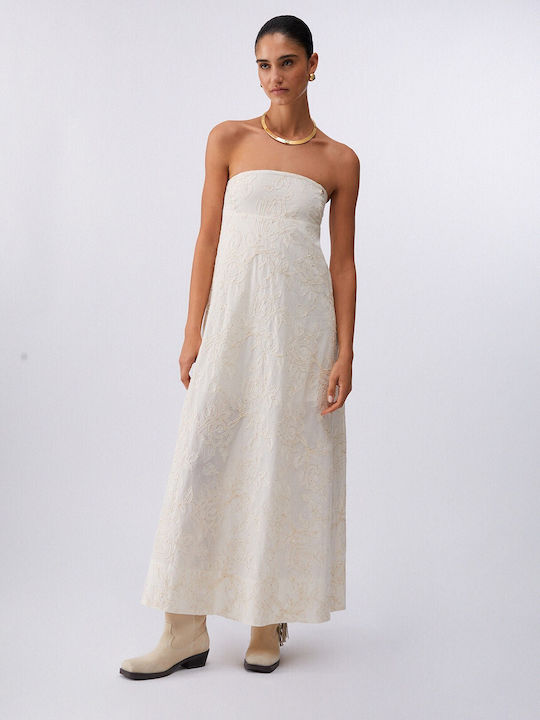 Maxi Βραδινό Φόρεμα Strapless Λευκό