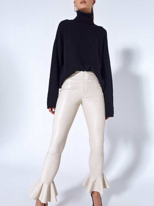 Women's High Rise Leather Trousers in Skinny Fit Ecru