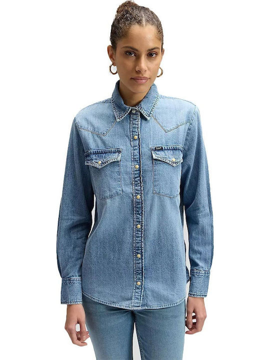 Western Long Sleeve Women's Denim Shirt Blue