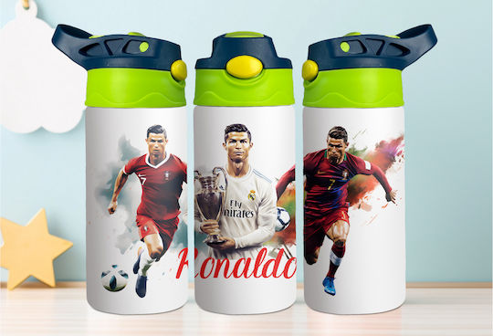 Kids Water Bottle Thermos Football Stainless Steel with Straw White 360ml Personalized