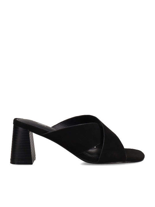 Suede Mules με Χοντρό Ψηλό Τακούνι σε Μαύρο Χρώμα