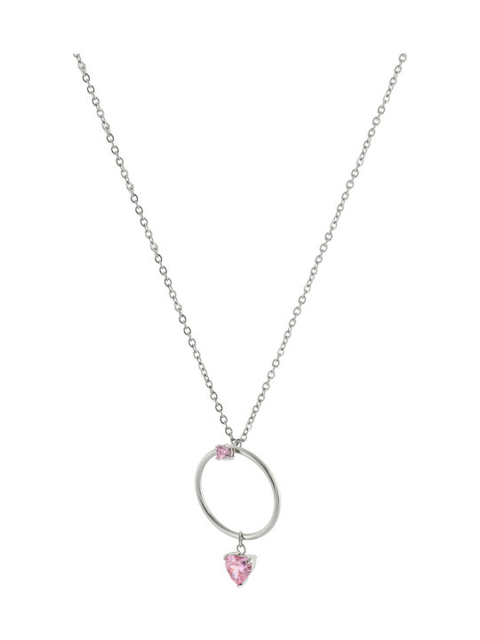 Loisir Necklace with Heart Design from Pink Gold Plated Steel with Pink Zircon