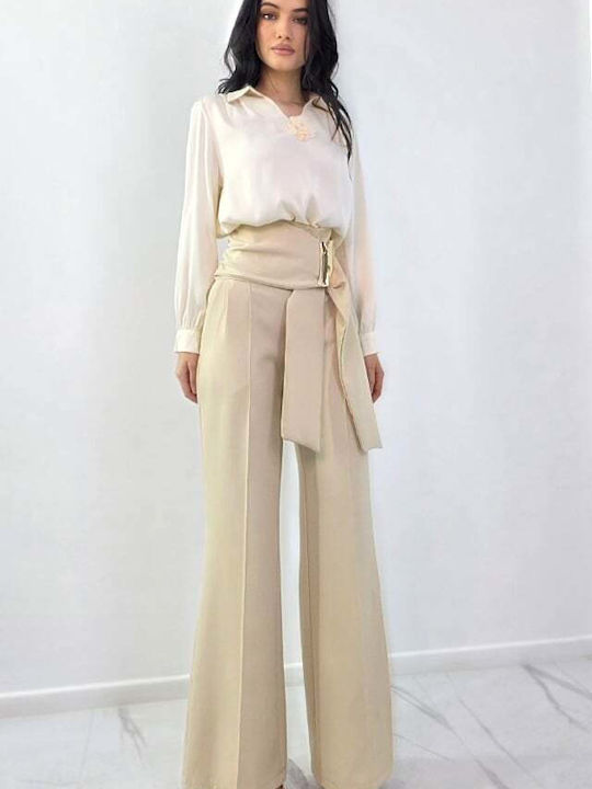 Pantaloni Dama Palazzo High Rise Fit Cu Dungi Bej