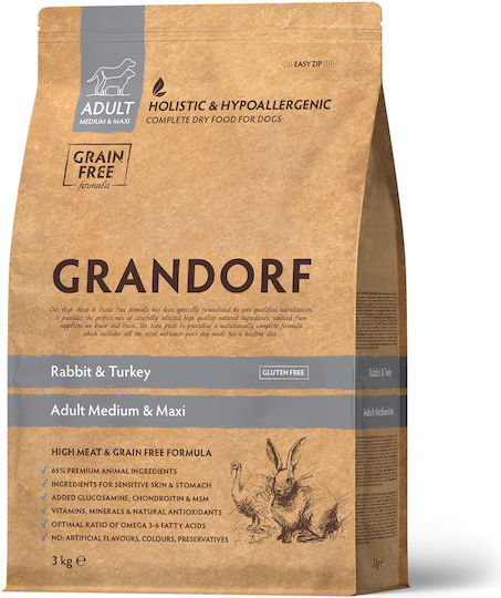 Grandorf 10kg Dry Food for Adult Dogs of Medium & Large Breeds with Rabbit, Hare, Turkey, Meat and Chicken