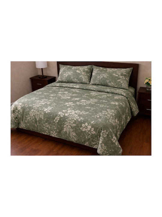 Flannel Duvet Cover Set 220x240cm Super Double with 2 Pillowcases Green
