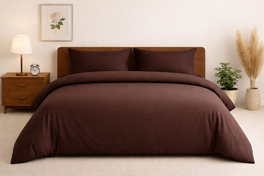 Cotton Duvet Cover Set 220x240cm Super Double with 2 Pillowcases Brown