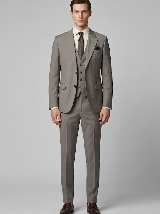 Henry Winter Men's Suit with Vest with Slim Fit Brown