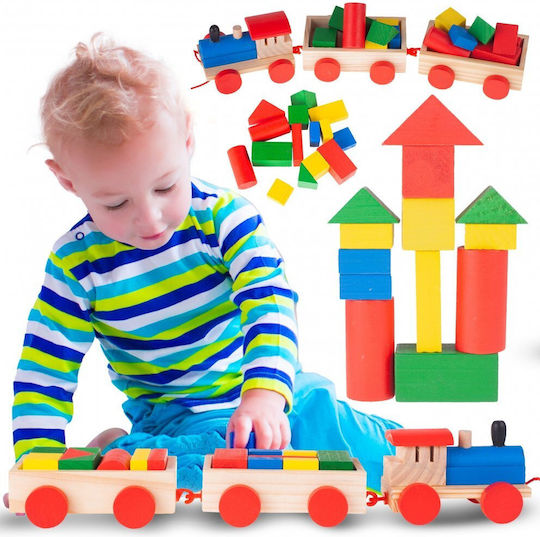 MalPlay Cuburi De Construit Wooden Train Din Lemn Pentru 1.5+ Ani 19 Bucăți