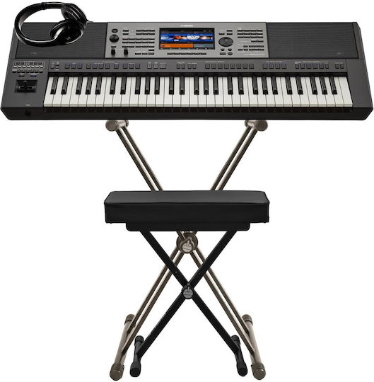 Yamaha Aranjor PSR-A5000 cu 61 Clape Dinamice cu Suport, Căști și Scaun Negru Pachet de Lux