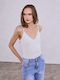 Celestino Women's Ribbed Spaghetti Strap V-Neck Slim Fit White Top