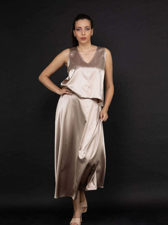 Damen Crop Top Satin Ärmelloses Braunes