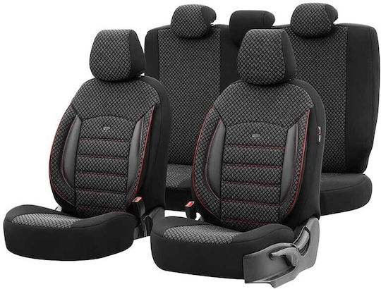 Deluxeboss 292384 Autositzbezüge Deckelsatz Seat Mii Ibiza Leon Toledo Altea Alhambra Ateca Arona Tarraco Cordoba Baumwollmaterial Schwarz Rot Stickerei