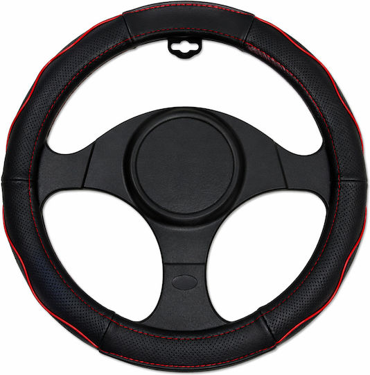 Car Steering Wheel Cover 37-39cm Universal PVC & Rubber Anti-Slip Black Red Detail Perforated
