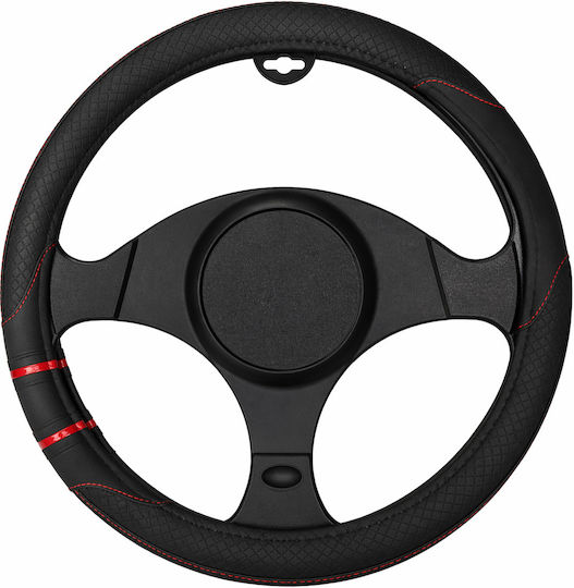 Κάλυμμα Τιμονιού Αυτοκινήτου 37-39cm Universal Pvc & Καουτσούκ Αντιολισθητικό Μαύρο Κόκκινες Λεπτομέρειες