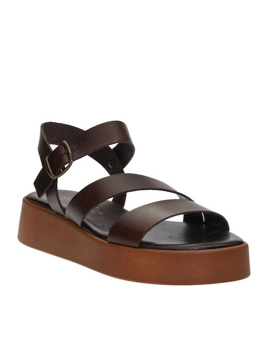 Δερμάτινα Γυναικεία Σανδάλια Flatforms Καφέ