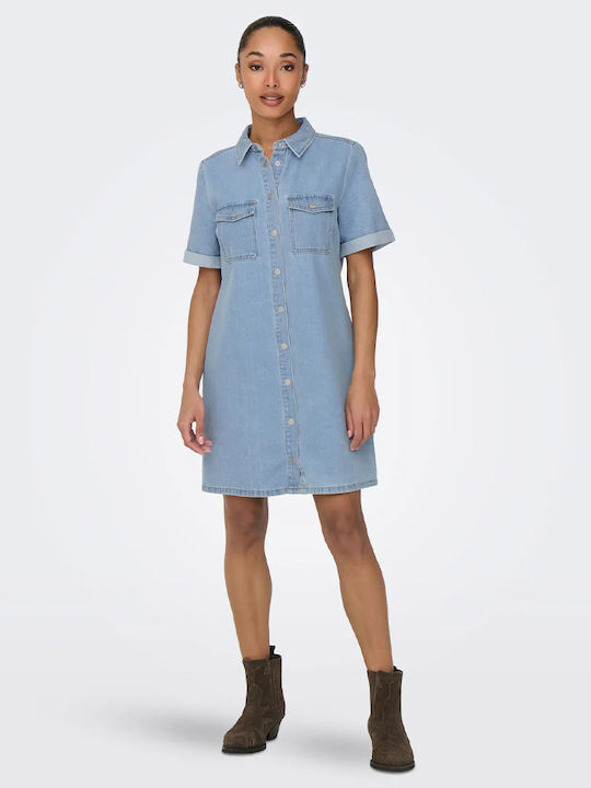 Sommer Mini Hemdkleid Denim Hellblau