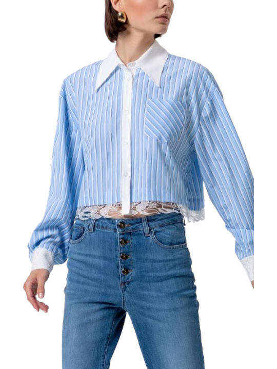 Long Sleeve Women's Shirt White-Light Blue Striped
