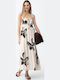 Summer Maxi Dress with Ruffles Beige with Blue Floral Pattern