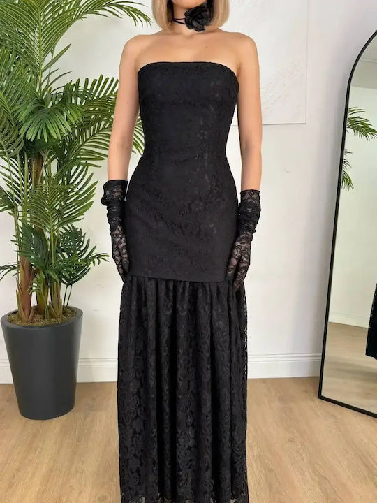 Καλοκαιρινό Maxi Φόρεμα για Γάμο / Βάπτιση Strapless με Δαντέλα Μαύρο