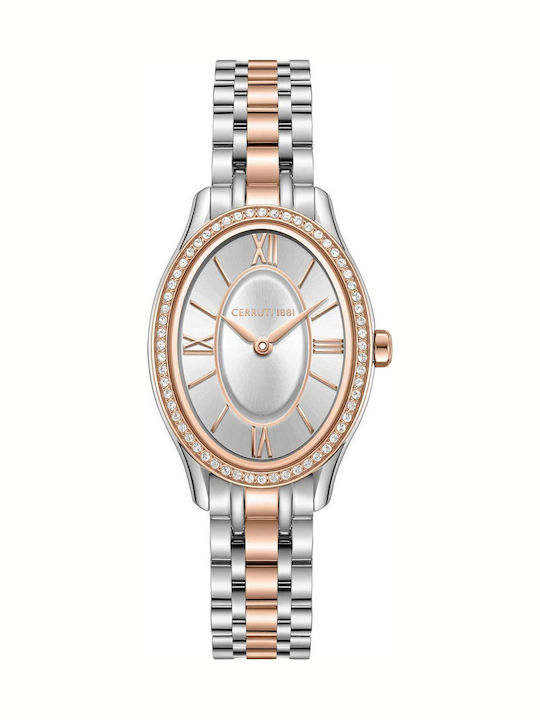 Cerruti Crystals Two Tone Ceas Dama Cu Baterie Și Brățară Din Metal Argintie