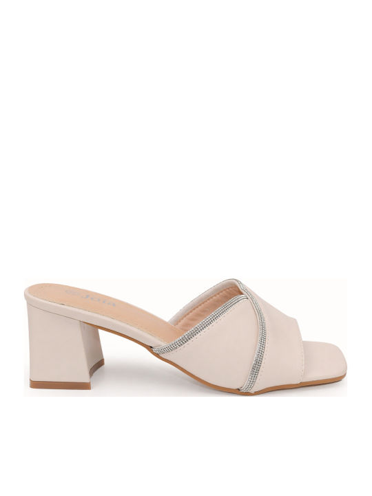 Mules With Chunky High Heel In Beige Colour SJ-H8-667-26ML-BEIGE
