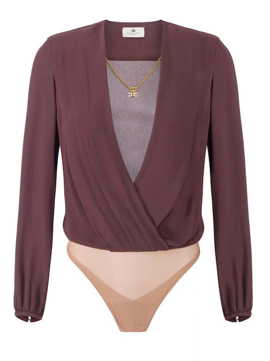 Elisabetta Franchi Damen-Bodysuit Wickel Tiefer Dekolleté Abnehmbares Schmuck Braun