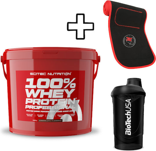Scitec Nutrition 100% Whey Protein Professional 5000g Vanilla & Katerelos Fitness Slimming Sweat Belt 130cm X 26.50cm X 5mm One Size & Biotech Usa Wave Shaker 600ml Shocking Blue Custom Bundle
